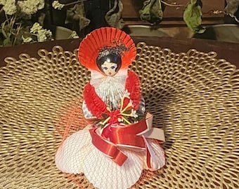 Vintage Seashell Doll in Red Dress