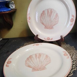 May include: Two white ceramic plates with a seashell design. Each plate features a large pink seashell in the center and smaller seashell accents around the rim. The plates have a pink border and are displayed on a dark surface.