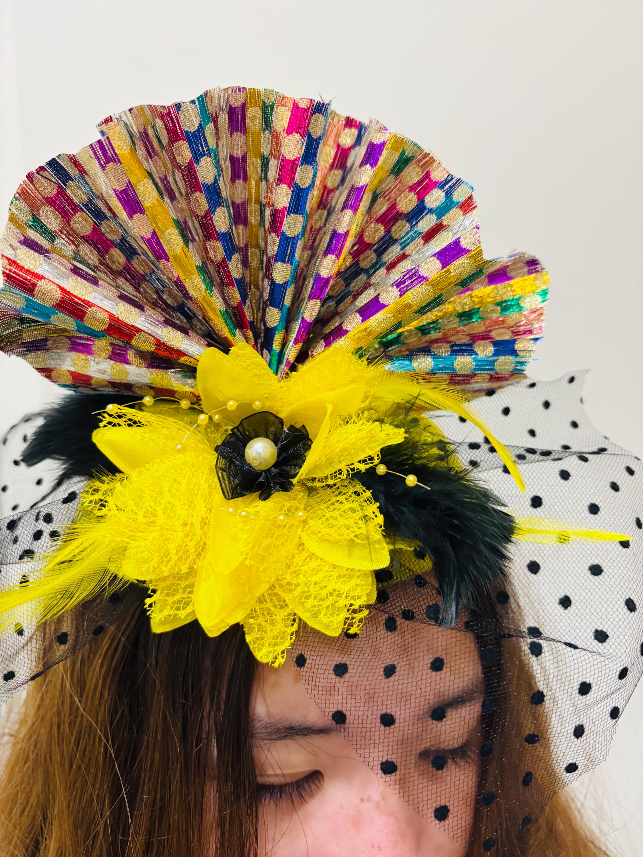 Kentucky Derby Hat Flower Floral Feather Elegant Yellow Facinator Wide Brim Hat Dark Blue Navy Yellow Peacock Feather Flower Wide Brim  main image 2