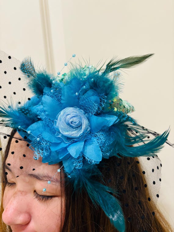 Handmade Derby Fascinator Orange & Blue Fascinator Hat: Handmade Feather Kentucky  main image 3