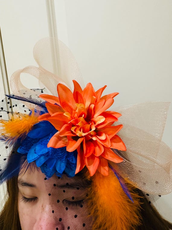 Orange & Blue Fascinator Hat: Handmade Feather Kentucky 