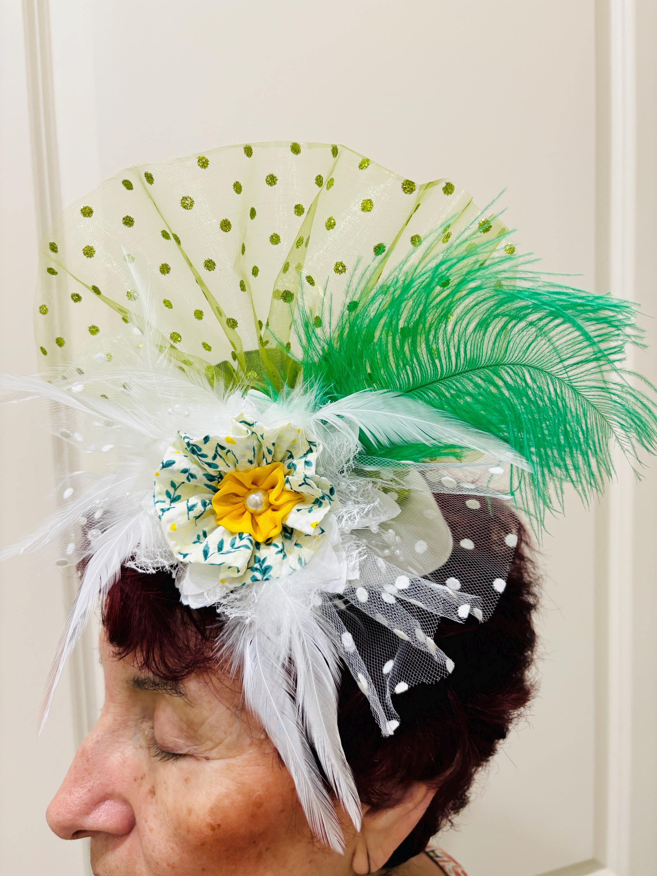 Black, White & Green Feather Floral Polka Dot Fascinator Polka Dot Feather Fascinator: Green Tea Party Derby Hat - Etsy main image 2