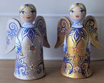 MADE to ORDER  gold and silver Pair of Angels in kerchiefs Golden Wings  and Silver Wings, TWO Angels, 8cm Hand painted Angels Little angels