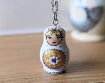 Little white Matryoshka pendant, cute matryoshka hand painted pendant, Russian doll lacquered pendant, hand made wooden pendant