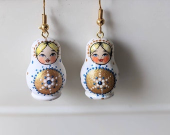 Little White Matryoshka earrings, cute matryoshka hand painted earrings, Russian doll lacquered earrings, hand made wooden earrings