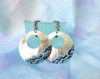 Hand painted Mother-of-Pearl Silver earrings vintage from 1990s, vintage earrings