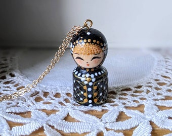 Little Black and Gold Matryoshka pendant, cute matryoshka hand painted pendant, Russian doll lacquered pendant