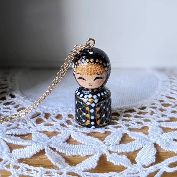 Little Black and Gold Matryoshka pendant, cute matryoshka hand painted pendant, Russian doll lacquered pendant
