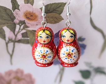 Little Red Matryoshka earrings, cute matryoshka hand painted earrings, Matreshka doll lacquered earrings, hand made wooden earrings