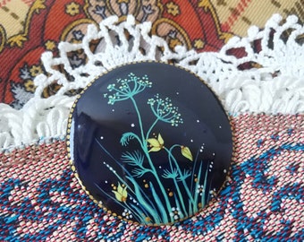 Hand painted pendant The Night Meadow - hand painted lacquer brooch, lacquer miniature, hand made pendant, floral, botanical painting