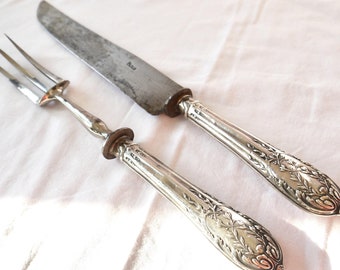 Steel bladed carving Knife and Fork, Vintage Paris carving set, Silver plated handles carving knife and fork set