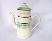 Vintage Cream and Green enamel coffee pot, French enamel cafetiere, Vintage coffee pot,