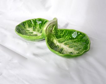 Cabbage leaf serving dish with handle, green cabbage-leaf crudité dish,