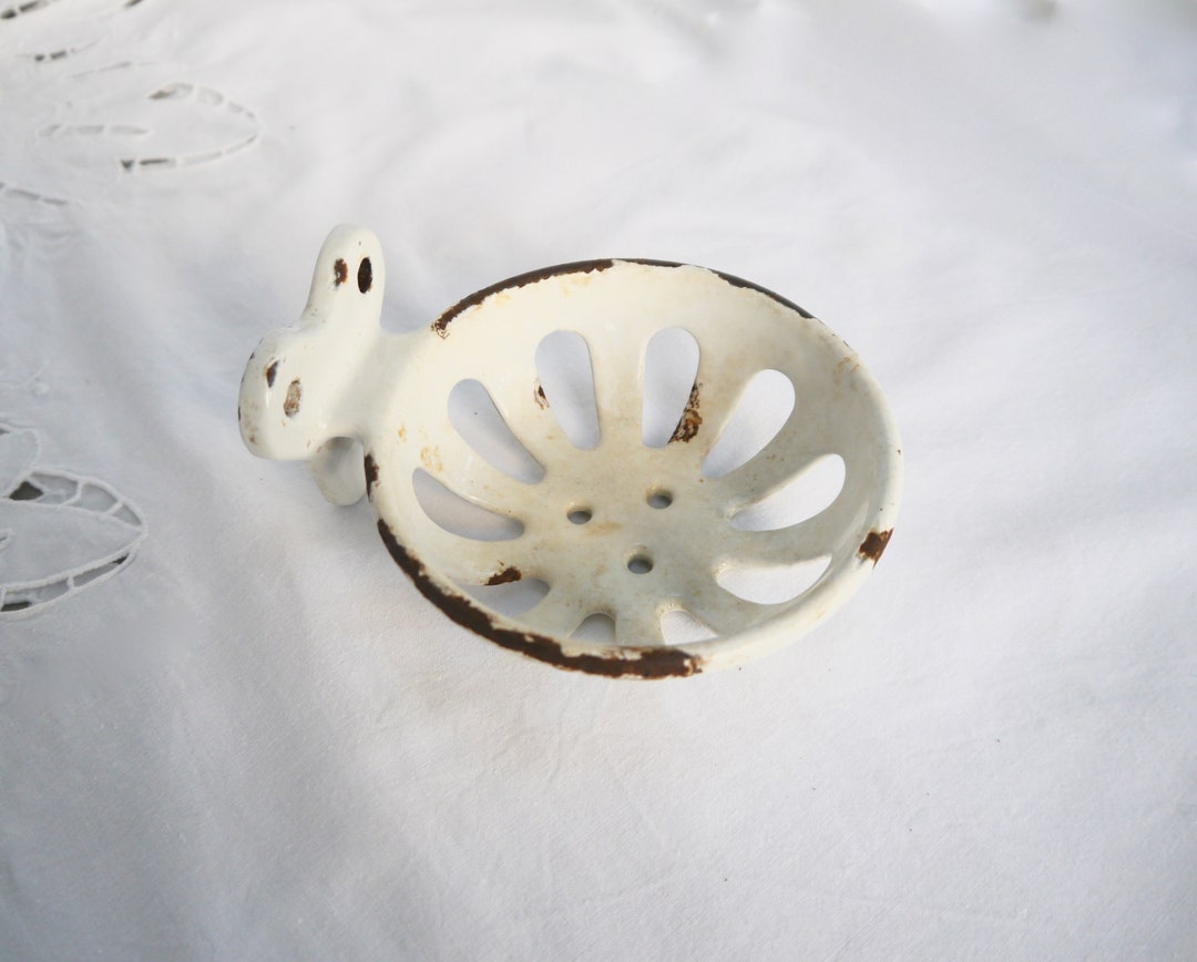 Vintage Enamel Soap Dish, White Cast Iron Soap Dish, French Enamel Soap