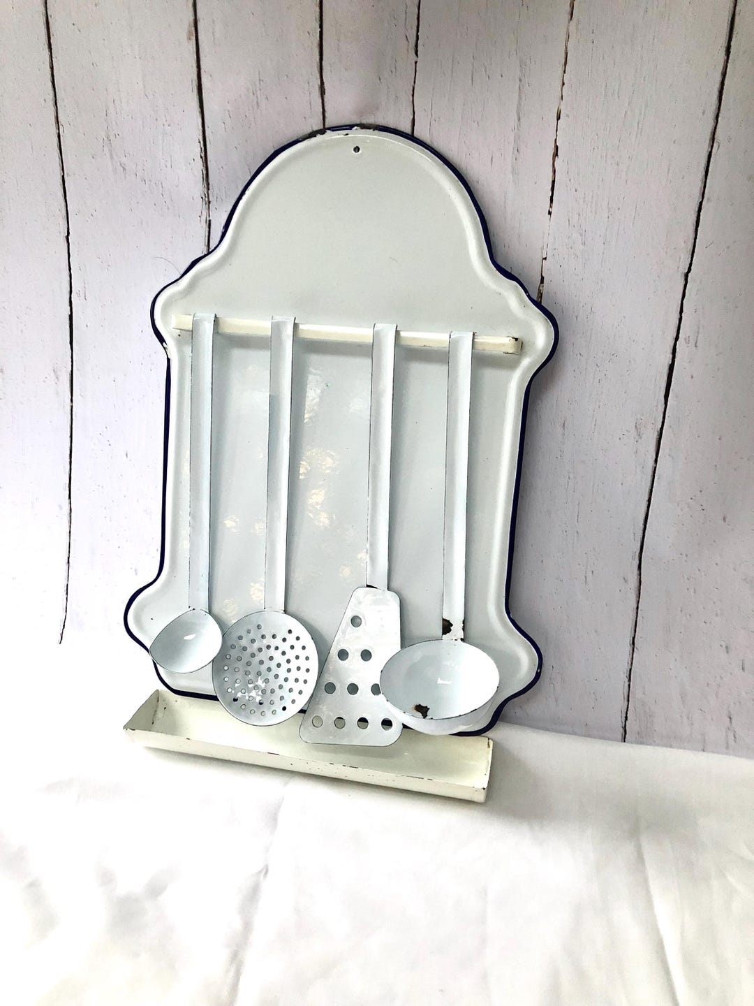 Antique Utensil Rack Vintage Enamel Kitchen Rack, Enamel Hanging Rack With Cooking Utensils ...