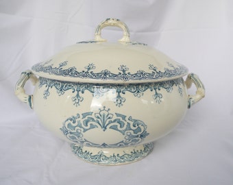 Vintage french soup tureen, Ironstone soup tureen, Antique serving bowl, Vegetable serving dish,