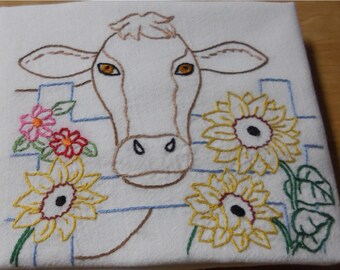Brown Cow With Fence & Sunflowers  Kitchen Flour Sack Dish Towel