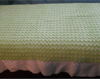 Crocheted Reversible Afghan in Lime Green and White.  White Border. Stunning!!