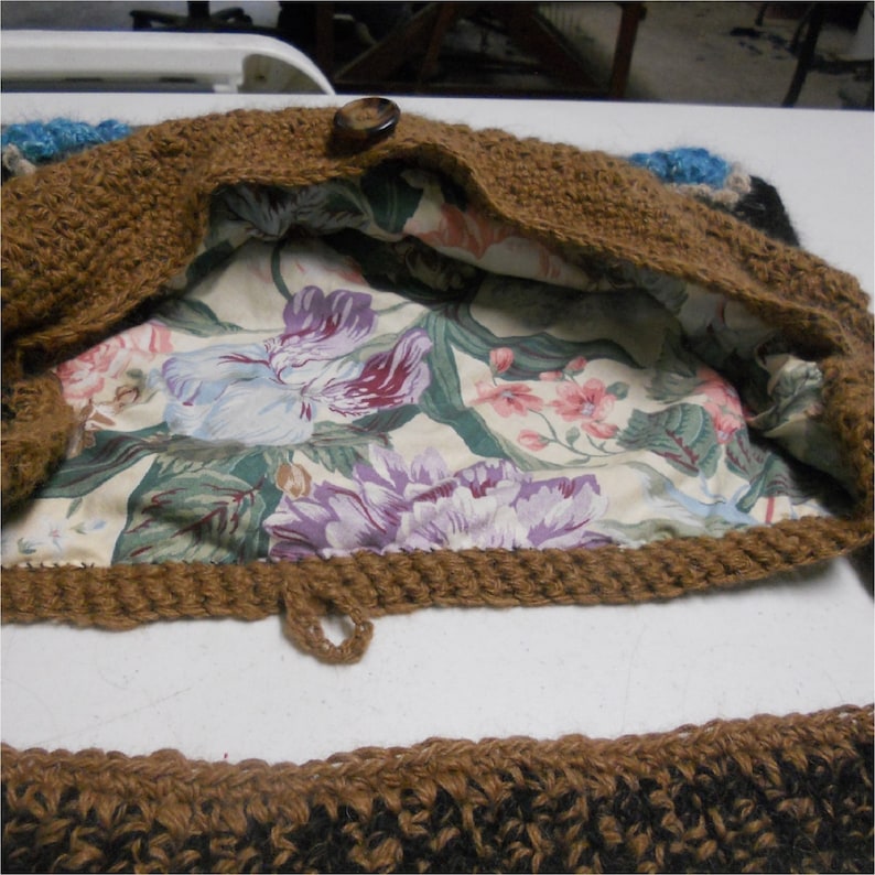 Button Accents Snazzy Shoulder Strap Crocheted Llama Yarn PurseTote Brown and Black with Blue Flowers Lined
