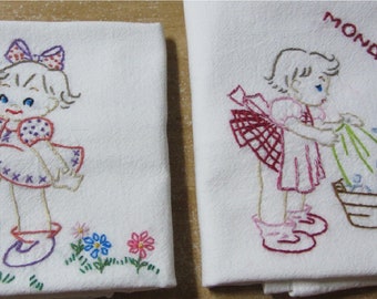 Saucy Suzy Little Girl Kitchen( Brown Haired) Flour Sack Dish Towel Set of 7