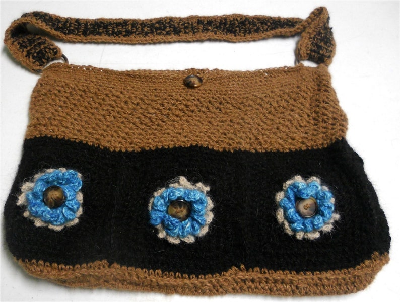 Button Accents Snazzy Shoulder Strap Crocheted Llama Yarn PurseTote Brown and Black with Blue Flowers Lined