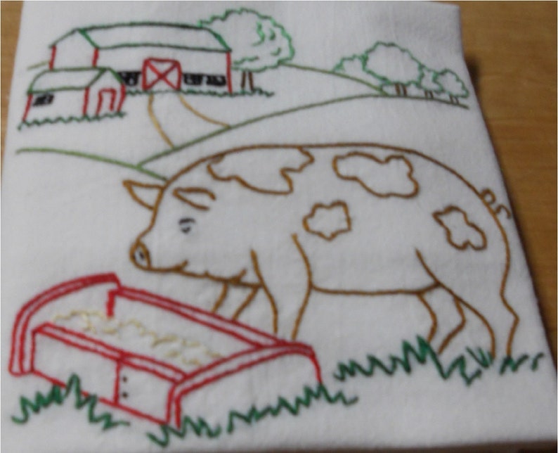 Pig At Trough With Barn Kitchen Flour Sack Dish Towel Etsy