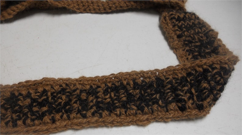 Button Accents Snazzy Shoulder Strap Crocheted Llama Yarn PurseTote Brown and Black with Blue Flowers Lined