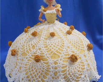 Barbie Bed/Dresser Doll - Brilliant Yellow with White Pineapple Crocheted Overlay and Gold Roses for Accent