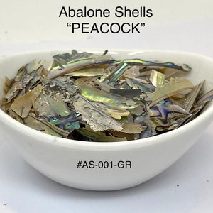 May include: A bowl filled with iridescent abalone shell pieces. The shell pieces are various sizes and shapes. The bowl is white and has the text "#AS-001-GR" on the bottom. The text "Abalone Shells "PEACOCK"" is at the top of the image.