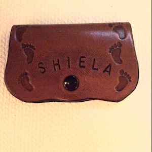 Leather cord holder, Custom name cell phone cord organizer, leather footprints cordorganizer,personalized cable holder,cell phone cordholder