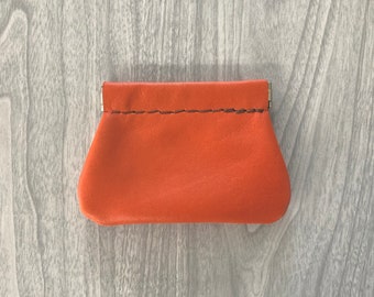 Orange coin purse,Squeeze Coin purse,leather purse, soft purse,leather coin pouch,snap coin purse,squeeze frame purse,USA made,change purse