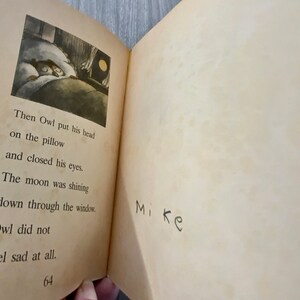 K&ouml;nnte beinhalten: Offenes Buch mit Text und einer Illustration einer Eule im Bett. Der Text lautet: &bdquo;Then Owl put his head on the pillow and closed his eyes.&ldquo; Das Wort &bdquo;Mike&ldquo; ist handschriftlich auf der rechten Seite. Die Seitenzahl 64 ist sichtbar.