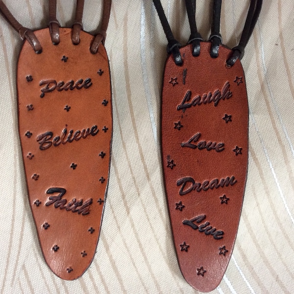 Inspirational words,leather bookmark,hand-tooled leather bookmark with words,bookmark with lace markers on,nice to mark pages with,religious