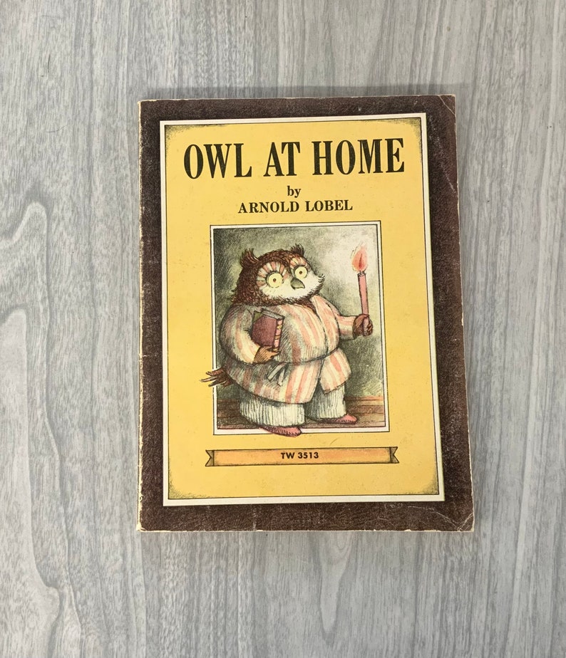 K&ouml;nnte beinhalten: Ein Kinderbuch mit dem Titel "Owl at Home" von Arnold Lobel. Das Cover zeigt eine Illustration einer Eule mit einer Kerze und einem Buch, vor einem gelben Hintergrund mit braunen R&auml;ndern. Das Buch weist Gebrauchsspuren auf.