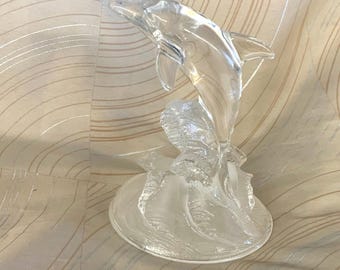 vintage glass dolphin figurine, clear glass dolphin, rare find crystal sea life figure, dolphin, dolphin knick knack, dolphin jumping, sea