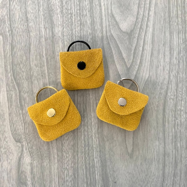 Yellow suede Fitbit tiny purse, teeny guitar pick/ring purse, teeny Fitbit holder, teeny ring purse with keyring, keyring on pick purse