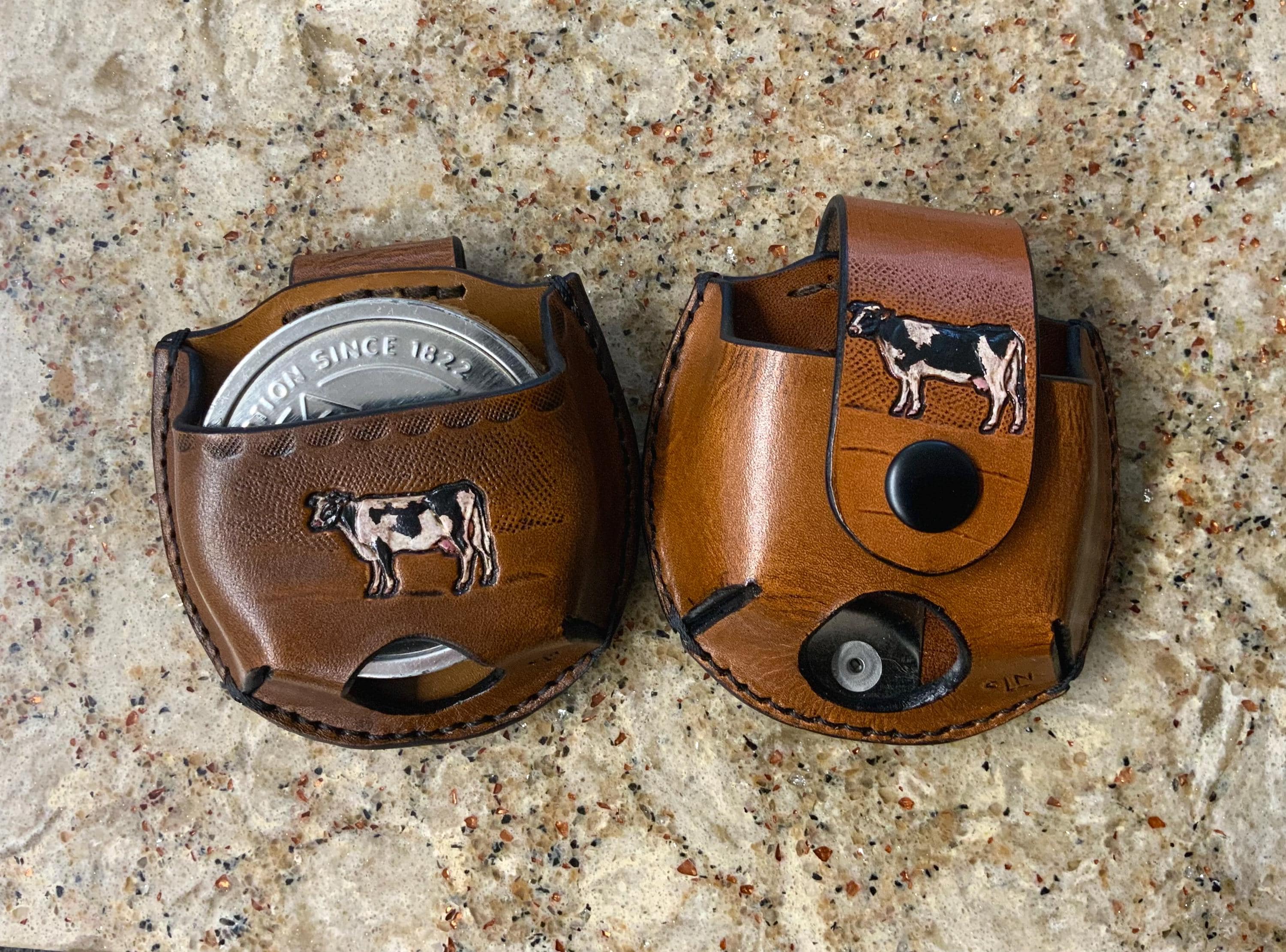 Holstein cow snuff case, farmers snuff, leather snuff can holder,snuff holder hang on belt,handtooled leather snuffcan holder,cow jerky case