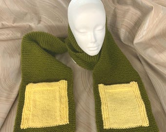 hand knit long scarf with pockets, green knit scarf with yellow pockets, knit scarf, 72 inch long scarf, hand knit scarf, acrylic yarn,scarf