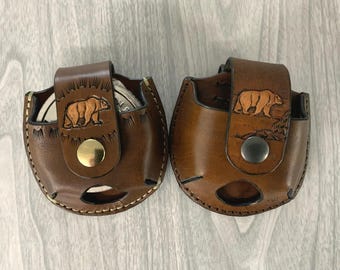 Bear snuff case,Snuff can holder,leather snuff can holder,snuff holder hang on belt,handtooled leather snuff can holder,bear jerky case,bear