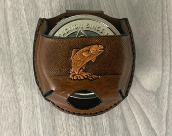 Fish snuff case, fisherman snuff, leather snuff can holder,snuff holder hang on belt,handtooled leather snuffcan holder,fish jerky case,fish