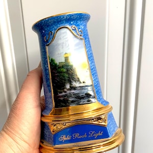 vintage Split Rock Light, Thomas Kinkade porcelain lighthouse lite for parts, repurpose project, lighthouse lamp, gold trim porcelain light