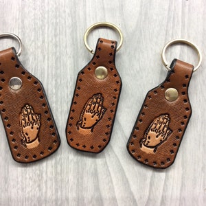 Praying hands, ,Key fob, key ring, leather key fob, leather key ring, leather praying hands keyring, genuine leather, religious keyfob, fob