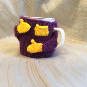 gift for Mom, Cup sweater, Gift for hard to buy person, conversation piece, purple mug sweater, office gift, coffee, mug-cozy,Vikings,purple