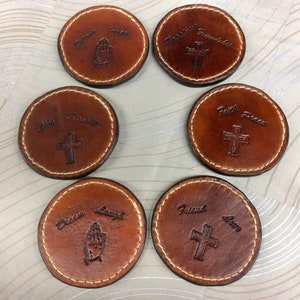 Religious coaster, leather coaster,coaster,religious cross on coaster,cross coaster,religion,Set of six coasters,hand tooled leather coaster