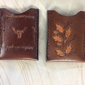 Cow billfold, Oak leafs, Leather card sleeve wallet,Minimalist card sleeve,genuine hand tooled leather credit card billfold,Longhorn, money