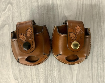 Snuff can holder,  leather snuff can holder,  snuff holder hangs on belt, hand tooled leather snuff can holder,oak leaf, jerky case,snuz can