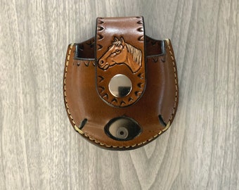 Horse snuff case, horseman's snuff, snuff can holder w/clip,snuff holder hang on belt,handtooled leather snuff can holder,horse jerky case