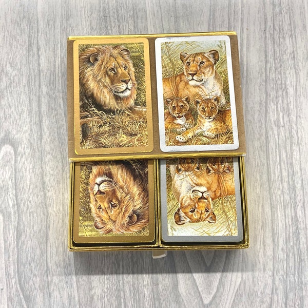 Vintage 1960-70’s Congress playing cards, Lion cards, tan velvety slide out box, made in USA or Spain, lion deck of cards, gamblers, cards