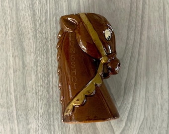 vintage small brown horsehead ceramic shot glass, LONGSHOT, Japan, vase, toothpicks, red ware ceramic, horse vase, horse toothpick holder