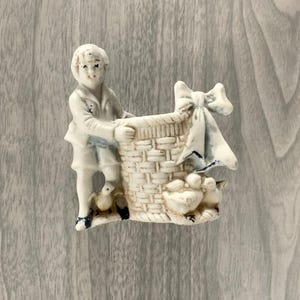 antique porcelain boy with basket figurine, 2-3/4&quot; boy figure, made in Germany, #3932 boy figure, rare boy with birds and basket figurine